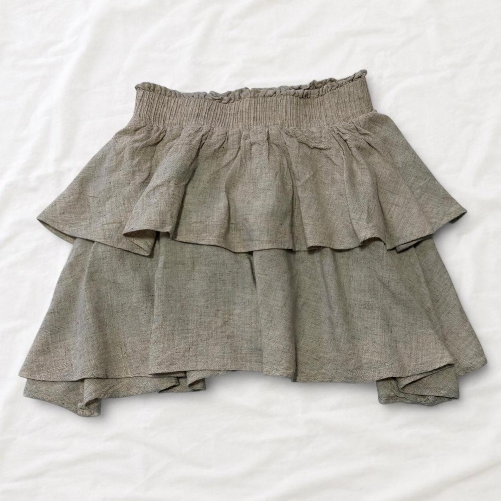 Princess Polly Cotton Ruffle Mini Skirt Oatmeal Cream Tiered Smocked US 4